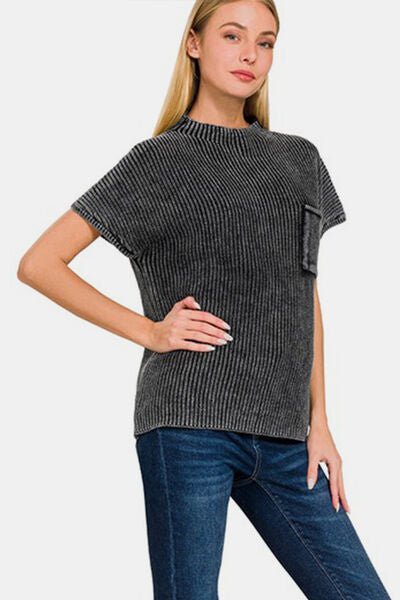 Zenana Pocketed Mock Neck Short Sleeve Sweater - KECHENFS